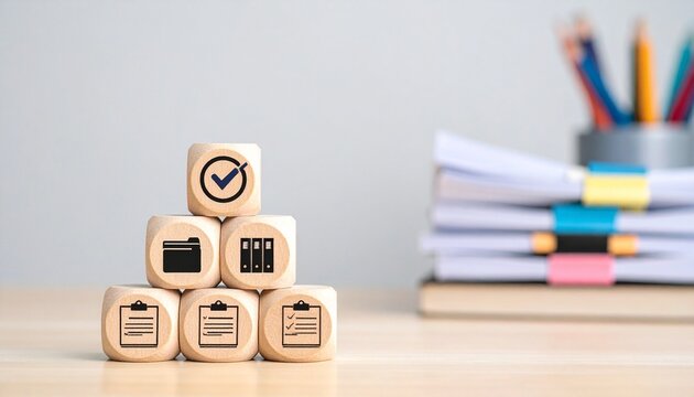 Pyramid of Wooden Blocks with Office Icons on a Desk with Blurred Stationary Background