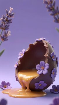 a broken brown eggshell with purple flowers, spilling golden honey onto a purple background. lavender flowers and green stems frame the eggshell.