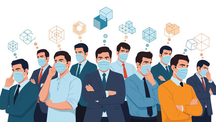 Diverse group of businessmen wearing blue medical masks with geometric abstract thought bubbles representing complex ideas or planning.