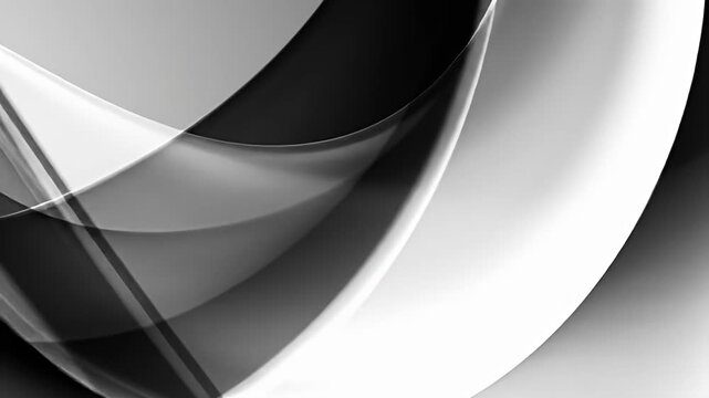 Abstract grey/white shapes interweave; curving, translucent bands overlap in monochrome