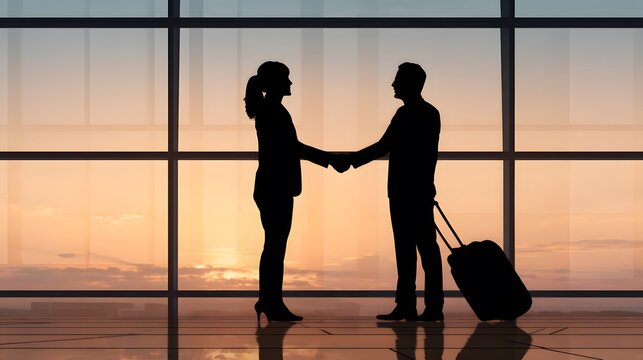 Meeting at the airport: Silhouette of two figures shaking hands, symbolizing agreement at an airport setting. Sunset is the background.