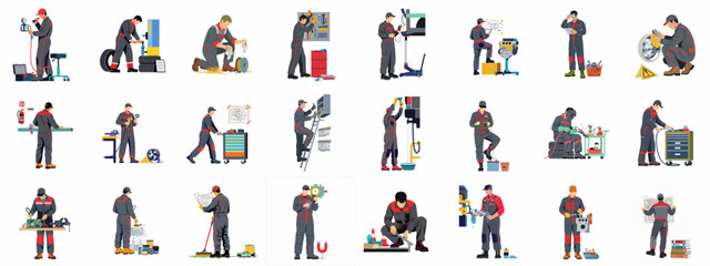 Fototapeta premium Collection of Industrial Workers and Mechanics Performing Diverse Maintenance, Repair, and Manufacturing Tasks.