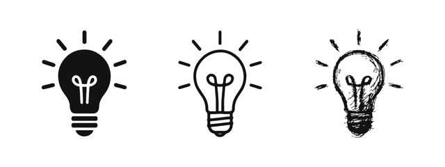 Light bulb icon set. Idea, innovation, and creativity symbols in solid, outline, and hand-drawn styles. © drawing lines