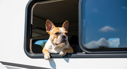 French Bulldog looking out of window in a camper van during daytime  