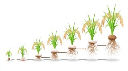 Obraz premium Sequential growth stages of a cereal grain plant showing root development are illustrated in a diagram
