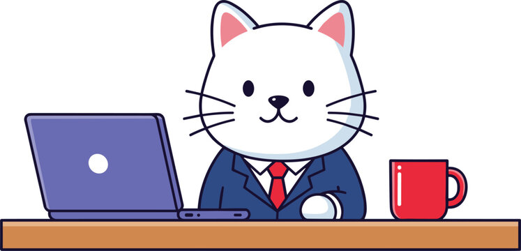 Cute feline office worker character wearing a blue blazer and red tie with a laptop and coffee mug