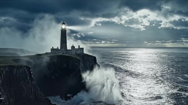 Lighthouse on a rocky cliff during a stormy weather.