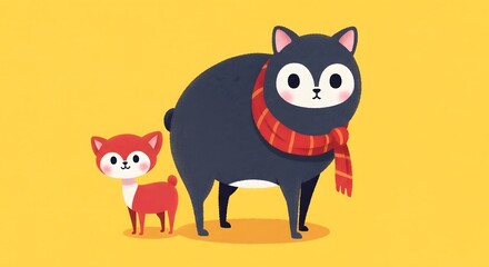 Obraz premium A cartoon cat and a small dog standing together on a yellow background