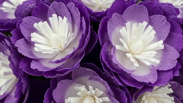 Vivid close-up of purple and white clematis flowers in full bloom