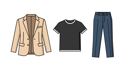 Flat lay of menswear: blazer, t-shirt, and trousers