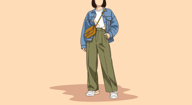A woman in denim jacket, wide leg pants, and crossbody bag