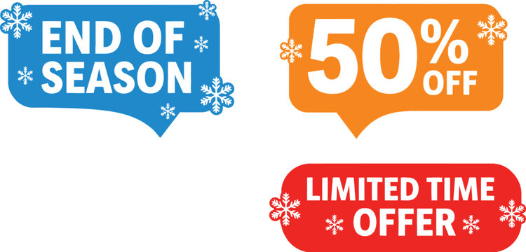 End of season sale with 50% off limited time offer and snowflakes