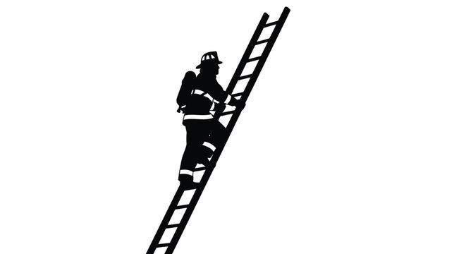 Professional firefighter in protective gear climbing tall extension ladder silhouette isolated on white background