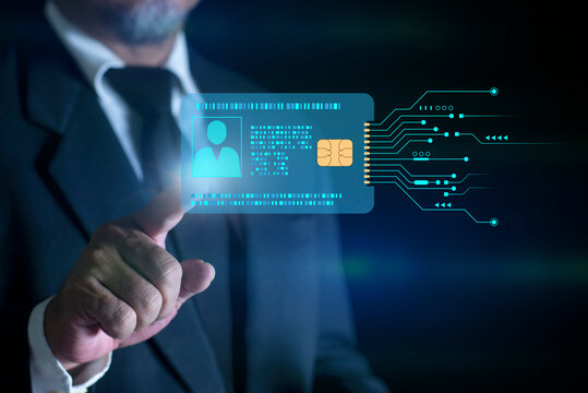 Businessman and hand pointing virtual screen of digital identification citizenship card. Online identity  personal data  authentication  access control  digital security