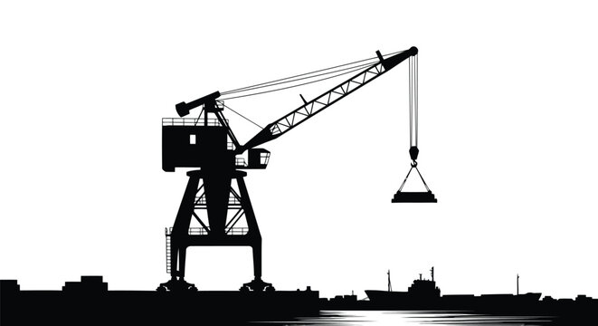 Black silhouette of industrial port crane lifting container with ships and buildings in background flat design isolated on white background