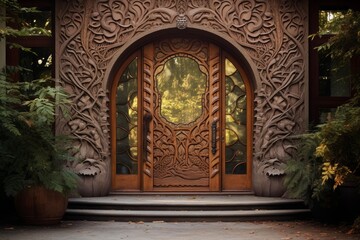 Fototapeta premium Ornate archway featuring detailed wood carvings and glass panels, serving as a decorative entrance
