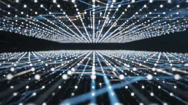 Slow cinematic dolly move through a glowing three dimensional grid of white connectivity dots and intersecting circuit paths representing a futuristic data system visualization, speed, modern