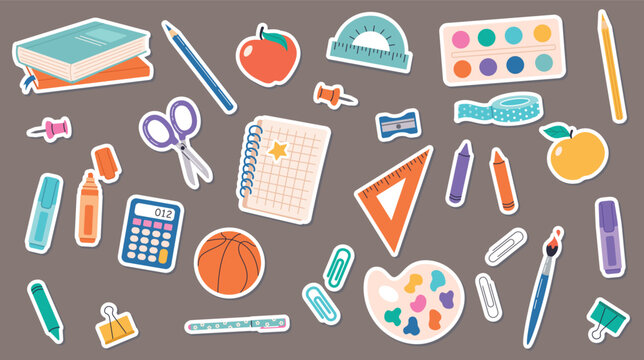 Cute school supplies stickers set with books, pencil, scissors, ruler, calculator, paint and fruit on brown background. Flat cartoon education illustration for back to school design and print.