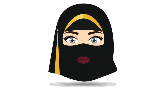 Vector illustration of a beautiful Muslim woman wearing a traditional black niqab or burqa, showcasing her captivating eyes and cultural attire.