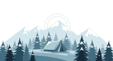 Fototapeta premium Winter Camping Scene with Tent and Pine Forest in Snowy Mountains Vector