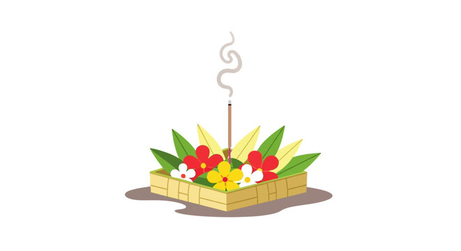 Traditional Balinese Hindu Canang Sari Offering with Incense and Tropical Flowers Vector