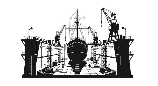 Detailed flat illustration of a large ship undergoing dry dock maintenance with cranes and workers isolated on white background
