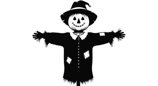 Black flat vector scarecrow character with arms outstretched and hat in autumn harvest style isolated on white background