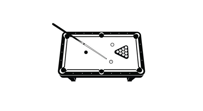Flat illustration of a classic pool table with cue stick and balls in minimalist black and white design isolated on white background