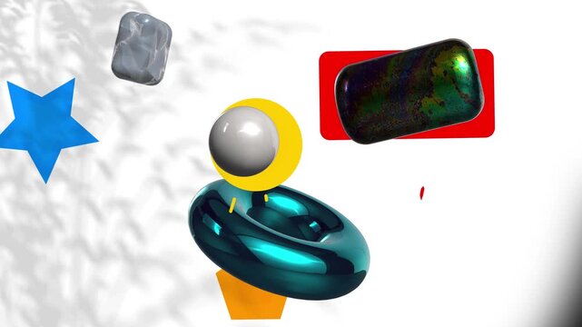 3D Geometric Shapes with 2D Flat Design Elements on White Background - Abstract Mixed Media Animation 