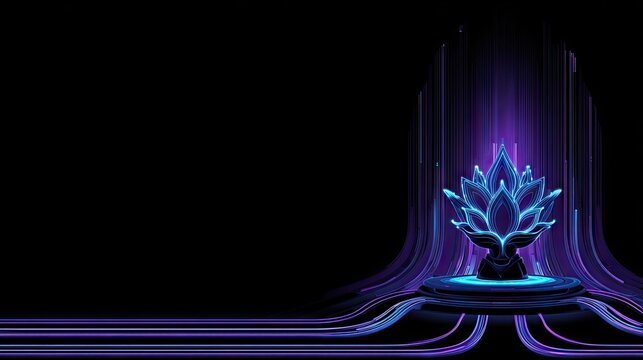 Illuminated blue lotus sculpture rests upon a futuristic glowing pedestal with neon light streams