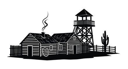 Obraz premium Vintage wooden cabin with watchtower and cactus in flat black and white illustration style isolated on white background