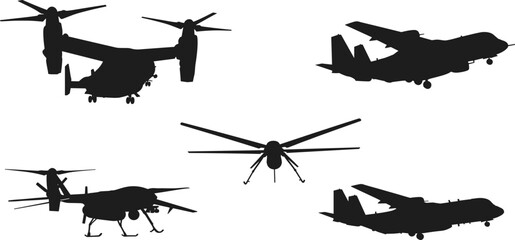 Military aircraft silhouettes vector set, drones, helicopters, tiltrotor planes, unmanned aerial vehicles, aviation icons, black shapes for design projects