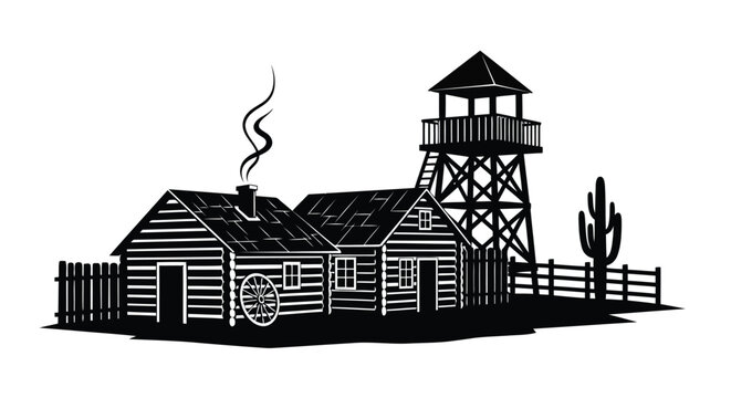 Vintage wooden cabin with watchtower and cactus in flat black and white illustration style isolated on white background