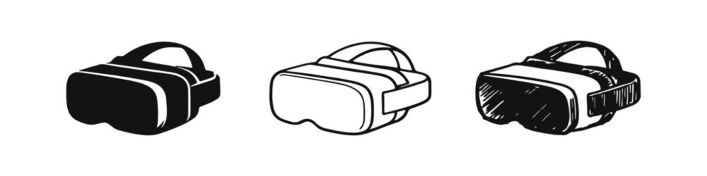 Virtual reality headset icons set in solid, outline, and scribble styles. VR gaming and technology vector.