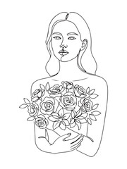 Minimalist Line Art Woman Holding Rose Bouquet Illustration