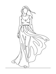 Elegant Continuous Line Art Fashion Woman in Flowing Dress