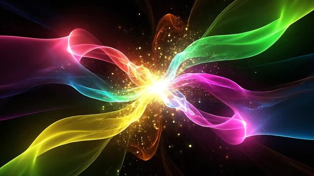Abstract colorful flowing ribbons radiating from a bright central light source against a dark background.