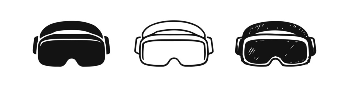 Virtual Reality Headset Icon Set - Solid, Outline, and Hand-Drawn Styles for Gaming and Metaverse Technology