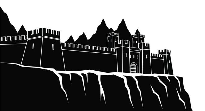 Black and white flat vector silhouette of medieval castle fortress on rocky cliff edge isolated on white background