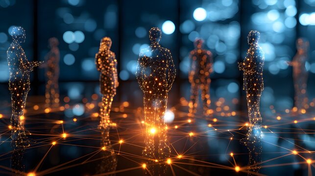 Digital Network of Connections: A futuristic representation of interconnected individuals within a digital network, symbolizing the power of collaboration and communication in the modern world.