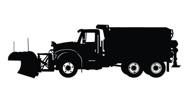 Black silhouette flat design illustration of six-wheeled road maintenance truck with snow plow attachment isolated on white background