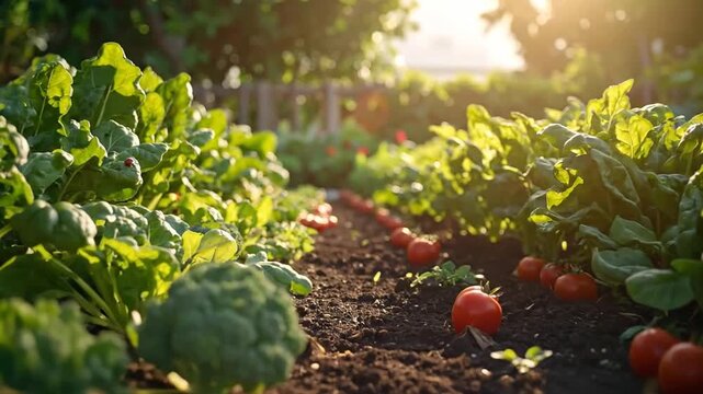 Freshly grown tomatoes and other vegetables thriving in a sunny garden, ready for harvest.
