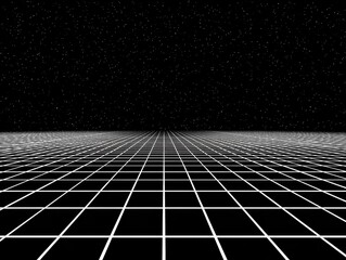 Vast, starry cosmic expanse with a glowing grid receding to infinity