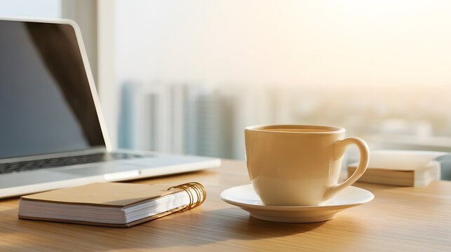 Workspace Essentials: A tranquil workspace scene, featuring a steaming cup of coffee, a laptop, and a notepad on a sunlit desk, creating a perfect atmosphere for work and contemplation.