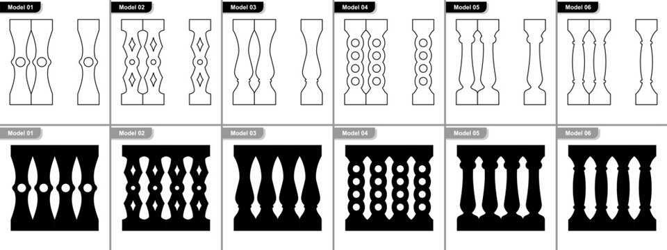 Baluster vector set railing design staircase banister silhouette outline flat minimalist architecture interior design element for home renovation projects and architectural blueprints planning.