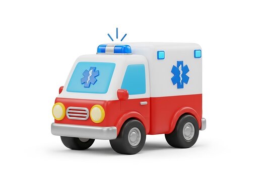 Toy ambulance vehicle with emergency lights on white background for healthcare medical rescue safety concept illustration