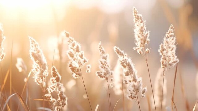 Golden sunlight bathes the delicate seed heads of wild grasses, creating a warm and inviting background.