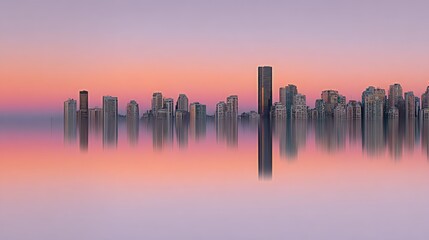 Fototapeta premium Modern metropolitan skyline reflects upon still water during a vibrant sunrise or sunset.