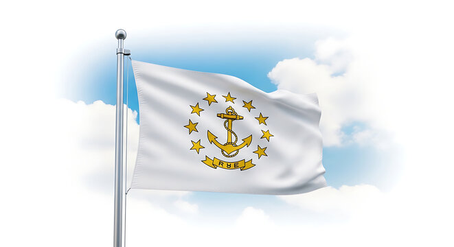 Rhode island state flag waving gently in the breeze on a cloudy day.