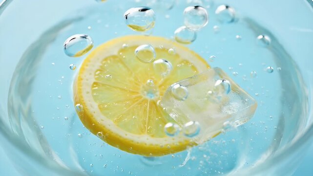 Lemon Slice Sinking in Water with Bubbles.